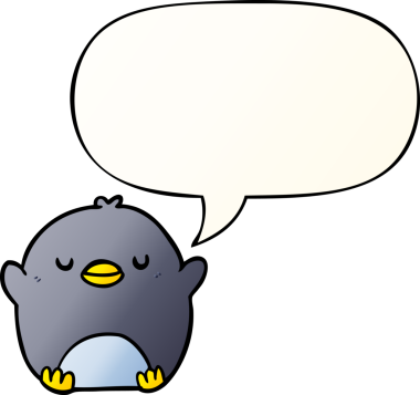 Bir insan tarafından çizilmiş düzgün eğimli konuşma baloncuğu olan sevimli penguen çizgi filmi