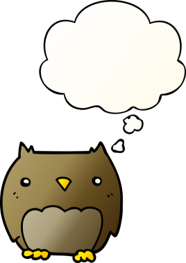 Bir insan tarafından çizilmiş yumuşak eğimli düşünce baloncuğu olan sevimli çizgi film baykuşu