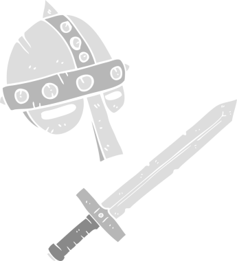 Ortaçağ miğferinin bir insan tarafından çizilmiş düz renk çizimi