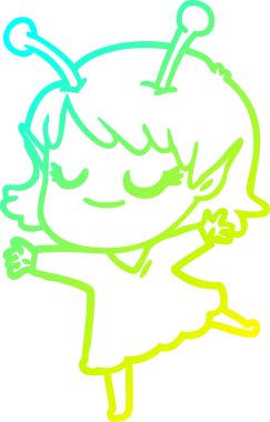 Bir insan tarafından çizilmiş, gülümseyen uzaylı bir kız çizgi film çizimi.