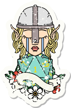 Ağlayan bir elf savaşçısı karakterinin grunge çıkartması. Doğal bir insan tarafından çizilmiş bir D20 ruloyla.