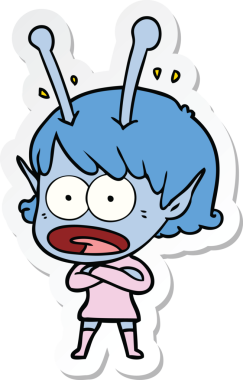 Bir insan tarafından çizilmiş uzaylı bir kızın karikatür çıkartması.