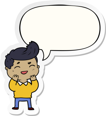 Bir insan tarafından çizilmiş konuşma balonu çıkartmasıyla gülen çizgi film adamı.