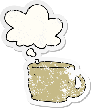 Düşünce baloncuklu çizgi film kahve fincanı insan tarafından çizilmiş yıpranmış bir çıkartma gibi.