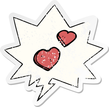 Bir insan tarafından çizilmiş, kederli, eski bir çıkartma, konuşma baloncuğu olan aşk kalpleri.