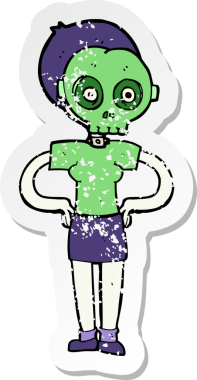 Bir insan tarafından çizilmiş maske takan bir karikatür kadının retro sıkıntılı çıkartması.