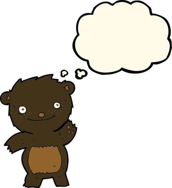 Bir insan tarafından çizilmiş düşünce baloncuğu ile siyah ayı yavrusunu sallayan çizgi film.