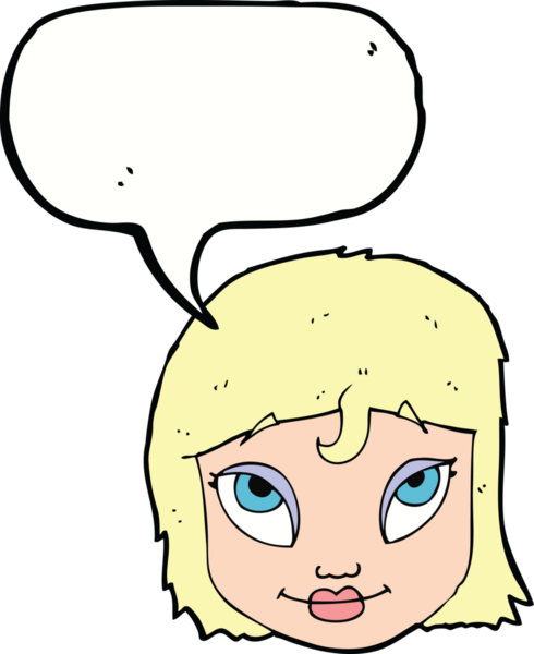 Bir insan tarafından çizilmiş konuşma balonuyla gülümseyen çizgi film kadını.