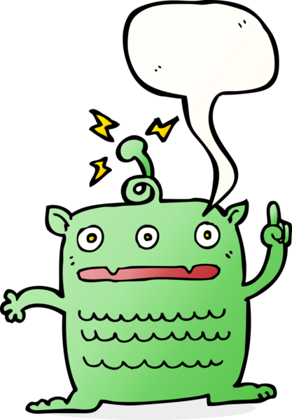 Bir insan tarafından çizilmiş garip, konuşma balonu olan küçük bir uzaylı çizgi filmi.