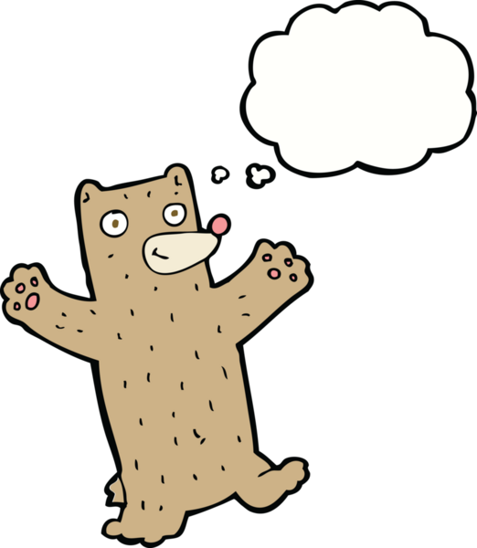 Bir insan tarafından çizilmiş düşünce baloncuklu çizgi film ayısı.