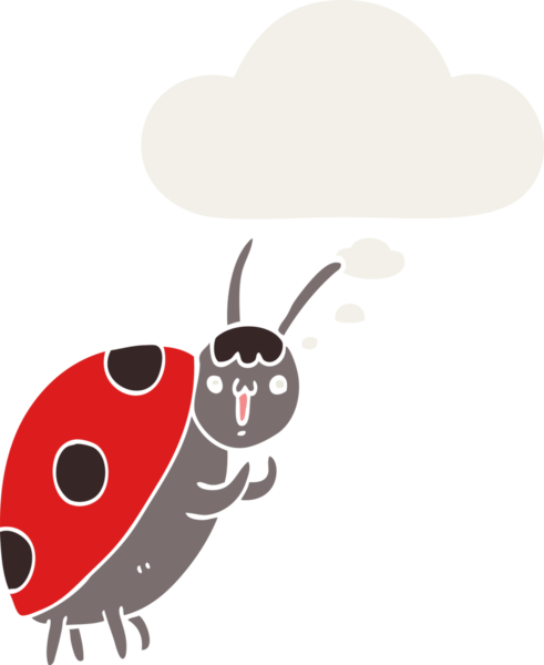 Düşünce baloncuğu insan tarafından çizilmiş sevimli uğur böceği çizgi filmi.