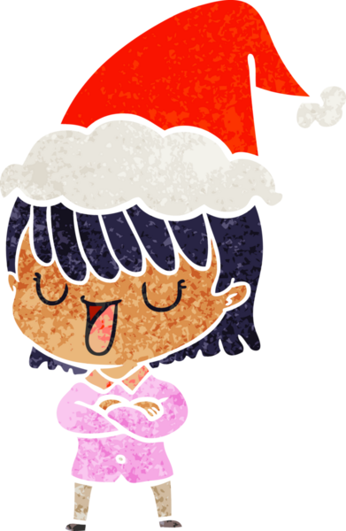 Bir insan tarafından çizilmiş Noel Baba şapkası giyen bir kadının el çizimi karikatürü.