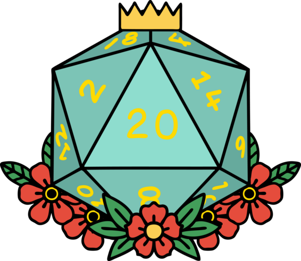 Retro Dövme Biçimi Doğal 20 D20 zar bir insan tarafından çizilmiş çiçek elementleriyle