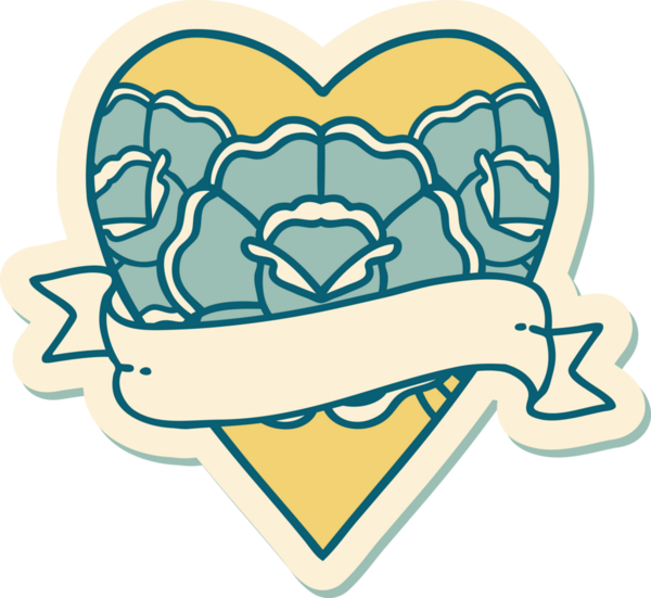 Geleneksel kalp stili dövme çıkartması ve bir insan tarafından çizilmiş çiçekli pankart.