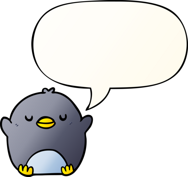 Bir insan tarafından çizilmiş düzgün eğimli konuşma baloncuğu olan sevimli penguen çizgi filmi