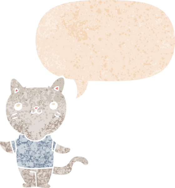 grunge 'da konuşma balonu olan çizgi film kedisi bir insan tarafından çizilmiş dertli retro desenli
