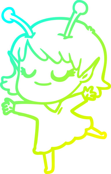 Bir insan tarafından çizilmiş, gülümseyen uzaylı bir kız çizgi film çizimi.