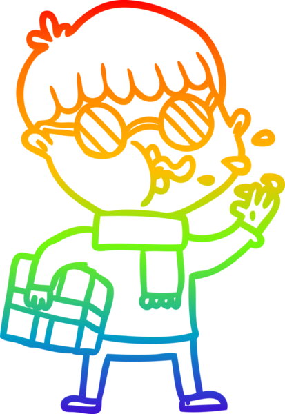 Gökkuşağı gradyan çizgi çizimi. Bir insan tarafından çizilmiş gözlük takan bir çizgi film çocuğu.