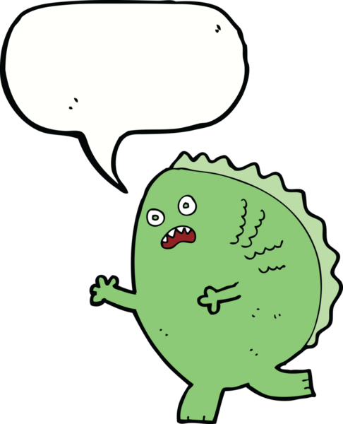 Bir insan tarafından çizilmiş konuşma balonlu çizgi film canavarı.