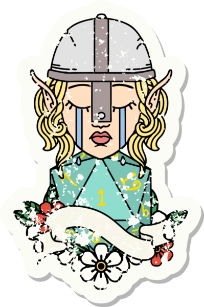 Ağlayan bir elf savaşçısı karakterinin grunge çıkartması. Doğal bir insan tarafından çizilmiş bir D20 ruloyla.