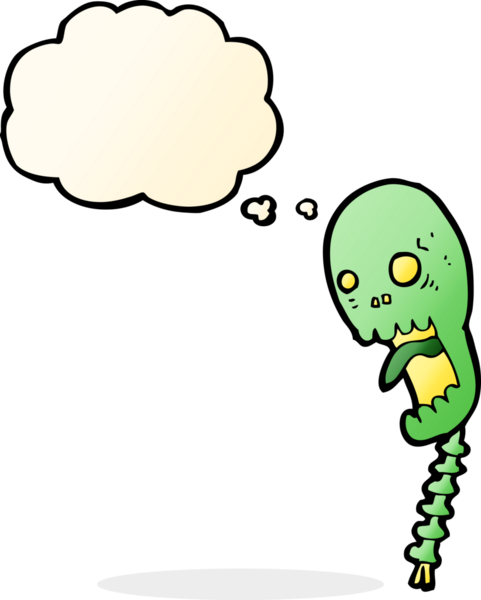 Bir insan tarafından çizilmiş düşünce baloncuklu komik bir kafatası.