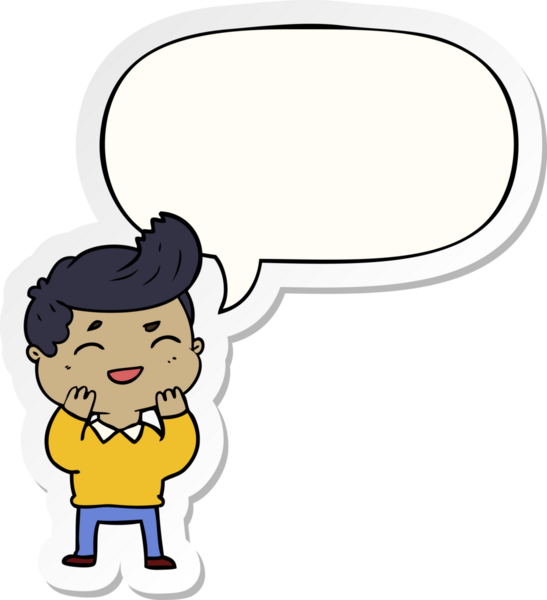 Bir insan tarafından çizilmiş konuşma balonu çıkartmasıyla gülen çizgi film adamı.