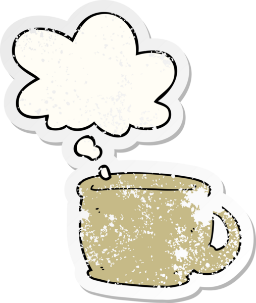 Düşünce baloncuklu çizgi film kahve fincanı insan tarafından çizilmiş yıpranmış bir çıkartma gibi.
