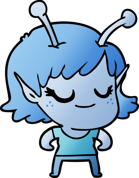 Bir insan tarafından çizilmiş gülümseyen uzaylı kız çizgi filmi.