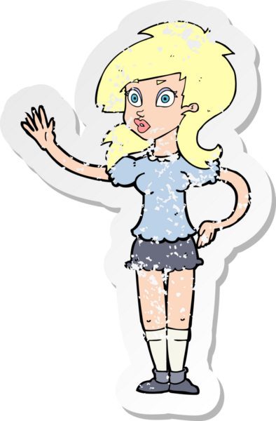 Bir insan tarafından çizilen ilgi için el sallayan bir karikatürün gerilimli retro yapıştırması.