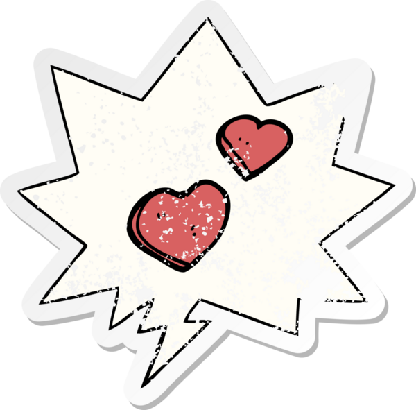 Bir insan tarafından çizilmiş, kederli, eski bir çıkartma, konuşma baloncuğu olan aşk kalpleri.