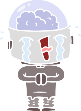 Bir insan tarafından çizilmiş düz renkli karikatür ağlayan robot.