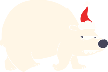 Bir insan tarafından çizilmiş Noel Baba şapkası giyen kızgın bir kutup ayısının düz renkli çizimi.