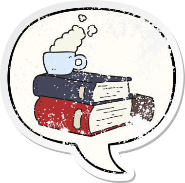 Çizgi romanlar ve konuşma baloncuklu kahve fincanı bir insan tarafından çizilmiş sıkıntılı eski bir çıkartma