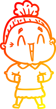 Bir insan tarafından çizilmiş mutlu, yaşlı bir kadının sıcak çizgi çizimi.