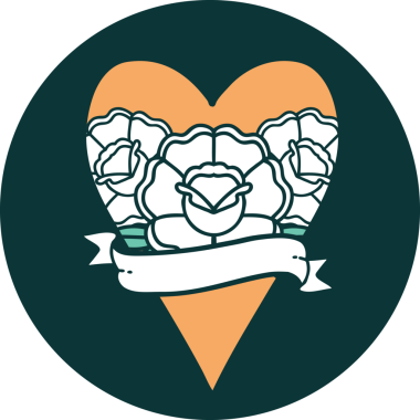 İkonik dövme stili bir kalp ve bir insan tarafından çizilmiş çiçekli pankart.