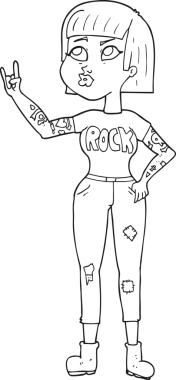 Bir insan tarafından çizilmiş siyah beyaz karikatür rock kızı.