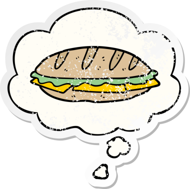 Düşünce baloncuklu çizgi film sandviçi insan tarafından çizilmiş yıpranmış bir çıkartma.