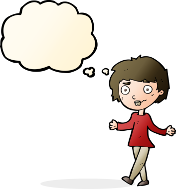 Bir insan tarafından çizilmiş düşünce baloncuğu olan kafası karışık bir kadın çizgi filmi.