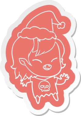 Bir insan tarafından çizilmiş Noel Baba şapkası giyen gülen vampir bir kızın garip çizgi film etiketi.