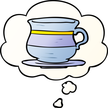 Bir insan tarafından çizilmiş yumuşak eğimli düşünce baloncuklu eski çay fincanı.