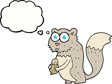 Serbest çizim düşünce balonu karikatürü kızgın sincap ve bir insan tarafından çizilmiş fındık