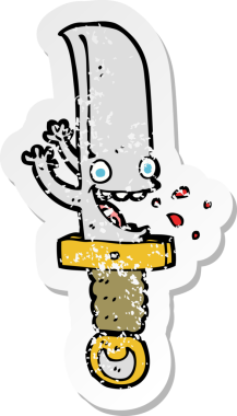 Bir insan tarafından çizilmiş çılgın bir bıçak çizgi film karakterinin gerilimli retro çıkartması.