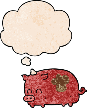 Düşünce baloncuğu olan sevimli çizgi film domuzu. Bir insan tarafından çizilmiş grunge desen tarzı.