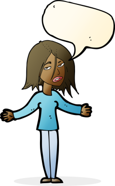 Bir insan tarafından çizilmiş konuşma baloncuğuyla omuz silken çizgi film kadını.