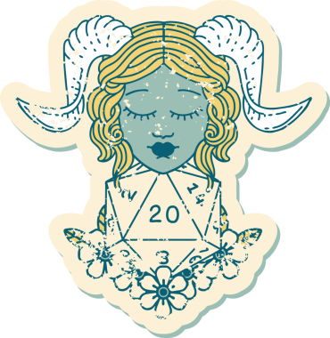 Bir insan tarafından çizilmiş doğal yirmilik zarla süslenmiş grunge çıkartması.