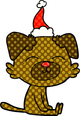 Bir insan tarafından çizilmiş Noel Baba şapkası takan bir köpeğin el çizimi çizgi roman tasviri.