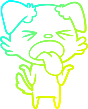 Bir insanın omuzlarını silkeleyen iğrenç bir köpeğin çizgi film çizimi.