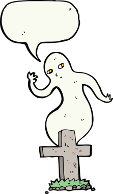 Bir insan tarafından çizilmiş konuşma balonuyla mezardan yükselen karikatür hayaleti.