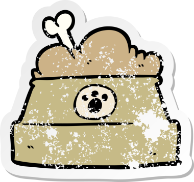 Bir insan tarafından çizilmiş köpek maması dolu çizgi film etiketi.