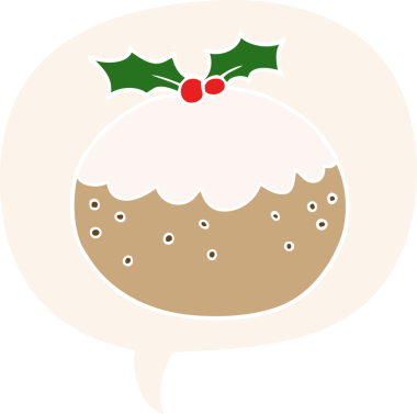 Karikatür noel pudingi konuşma baloncuğu ile retro tarzı bir insan tarafından çizilmiş.